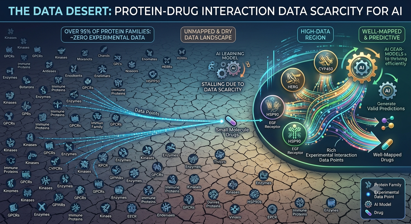 A world map showing the data desert — protein families with almost no drug interaction data