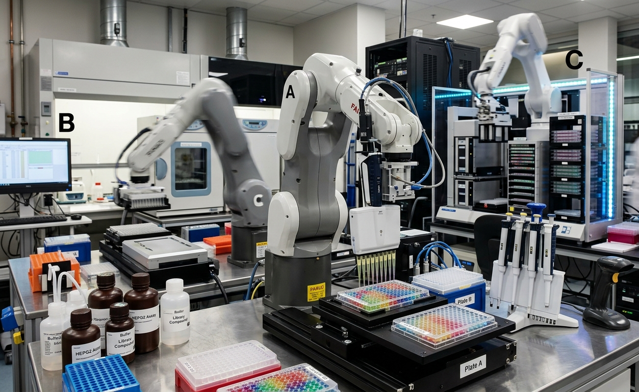 Robot arms performing high-throughput screening in a pharmaceutical lab