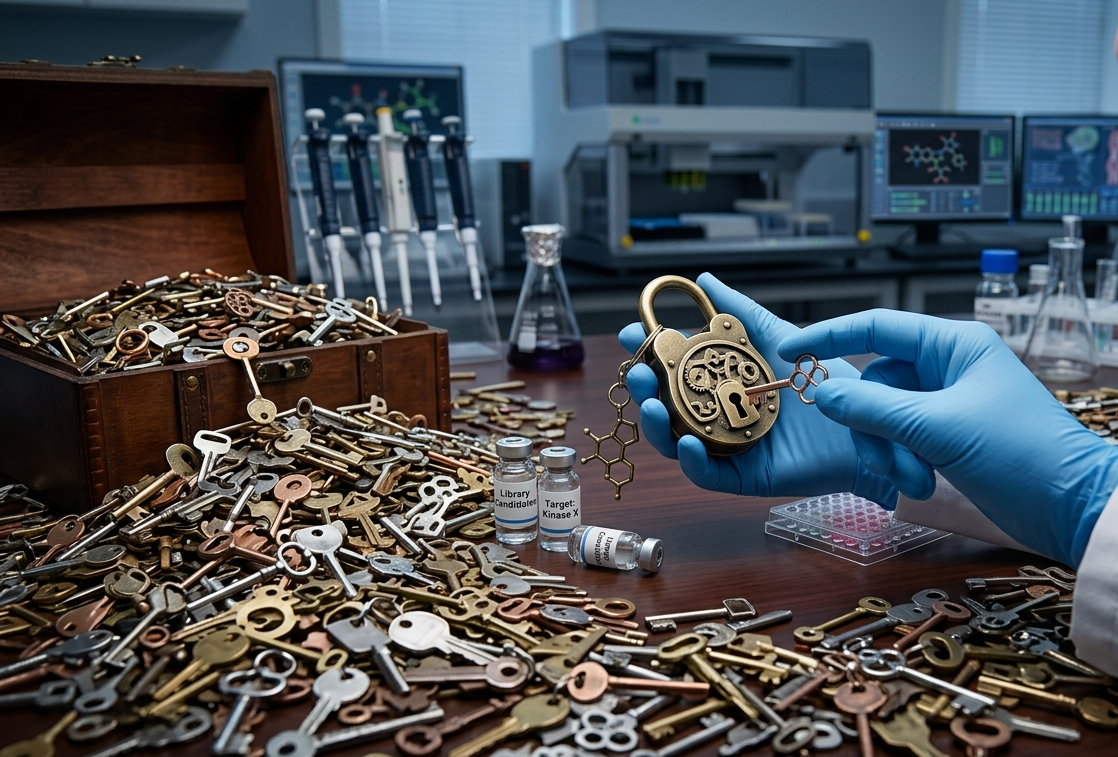 A lock and a vast box of keys representing the drug discovery search problem