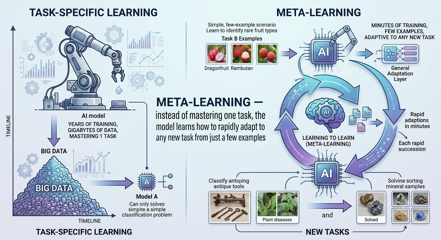 Meta-learning illustration — a model that learns how to learn from diverse tasks